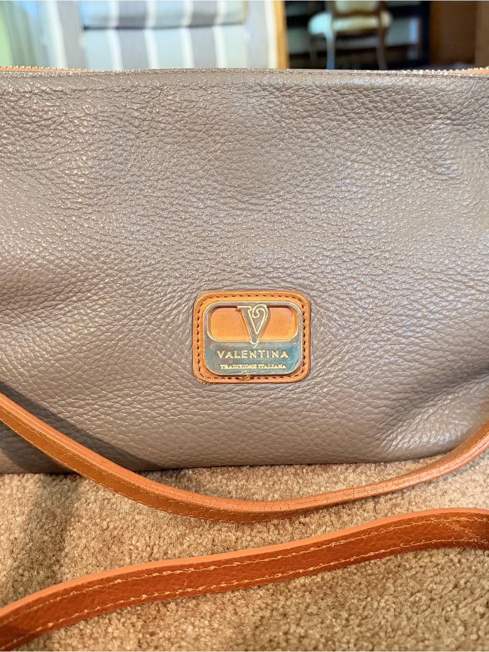 Valentina Gray Pebbled Leather Crossbody with Tan Trim